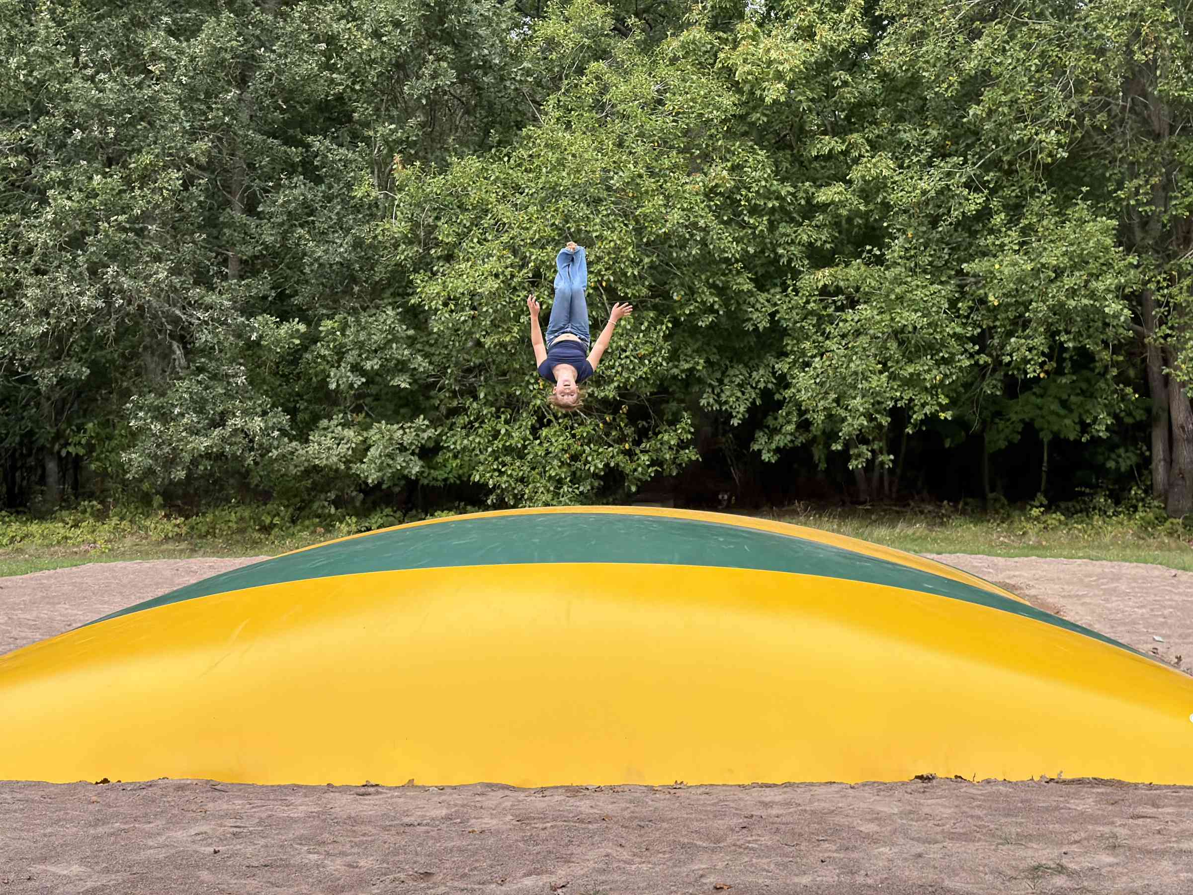 Barn som hoppar på hoppkudde, med skog i bakgrunden